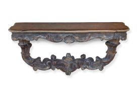 A PAIR OF PAINTED AND PARCEL GILT CONSOLE TABLES, IN ITALIAN 18TH CENTURY STYLE