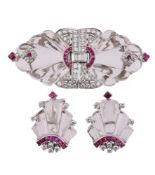 A ROCK CRYSTAL, DIAMOND AND RUBY DOUBLE CLIP BROOCH AND EAR CLIPS