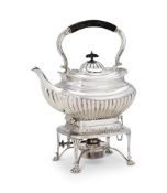A LATE VICTORIAN SILVER LOBED OBLONG BALUSTER KETTLE ON STAND