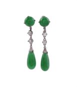 A PAIR OF MID 20TH CENTURY JADEITE JADE AND DIAMOND EAR PENDANTS