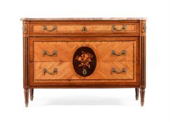 A FRENCH WALNUT AND MARQUETRY COMMODE, IN LOUIS XVI STYLE, 19TH CENTURY