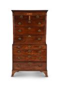 A GEORGE III FIGURED MAHOGANY AND INLAID CHEST ON CHEST, IN THE MANNER OF THOMAS SHERATON