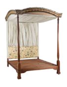 A CARVED MAHOGANY AND POLYCHROME PAINTED FOUR POST BED, 19TH CENTURY AND LATER ELEMENTS