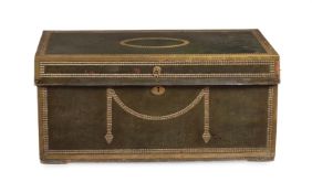 A CHINESE EXPORT GREEN LEATHER AND BRASS MOUNTED TRUNK, 18TH CENTURY