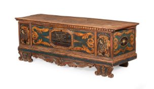 AN ITALIAN WALNUT AND POLYCHROME PAINTED CASSONE, 17TH CENTURY