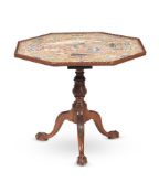 A GEORGE III PADOUK AND NEEDLEWORK INSET BIRDCAGE TRIPOD TABLE, CIRCA 1760