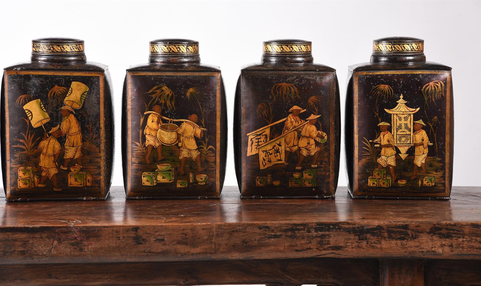 A SET OF SEVEN VICTORIAN TOLE PEINTE TEA CANNISTERS MID 19TH CENTURY Each with painted a Chinese f - Image 6 of 8