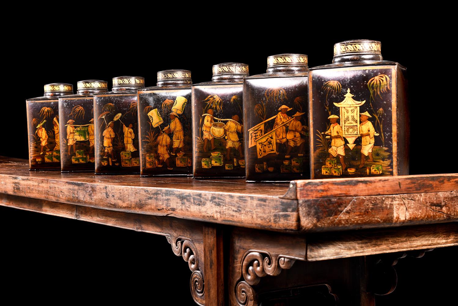 A SET OF SEVEN VICTORIAN TOLE PEINTE TEA CANNISTERS MID 19TH CENTURY Each with painted a Chinese f - Image 4 of 8