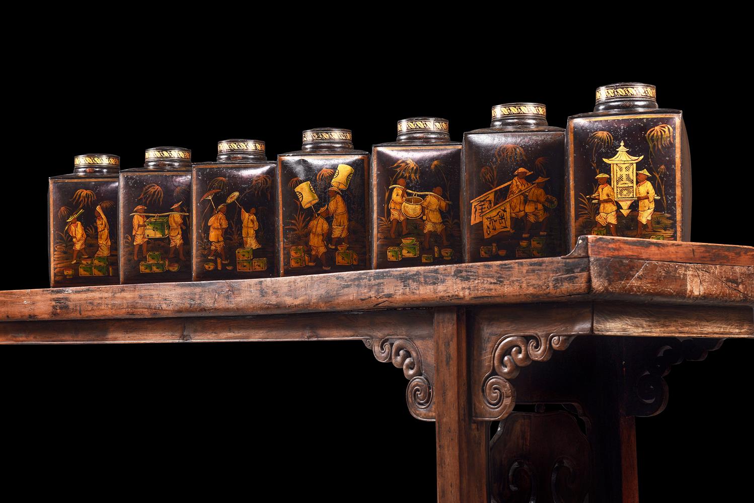 A SET OF SEVEN VICTORIAN TOLE PEINTE TEA CANNISTERS MID 19TH CENTURY Each with painted a Chinese f - Image 2 of 8