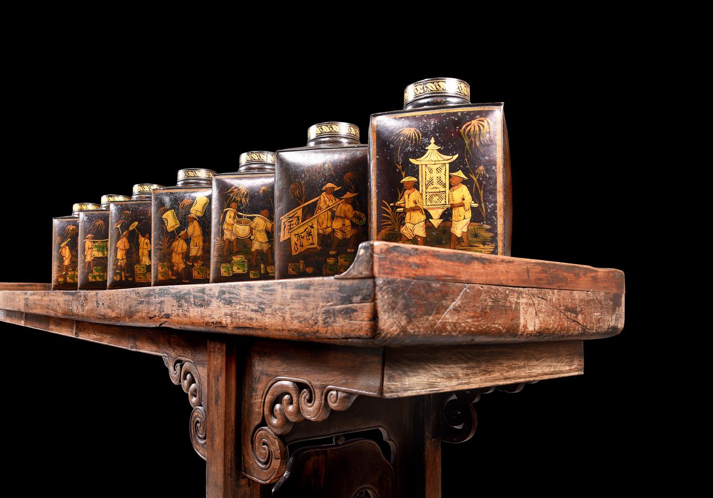 A SET OF SEVEN VICTORIAN TOLE PEINTE TEA CANNISTERS MID 19TH CENTURY Each with painted a Chinese f - Image 3 of 8