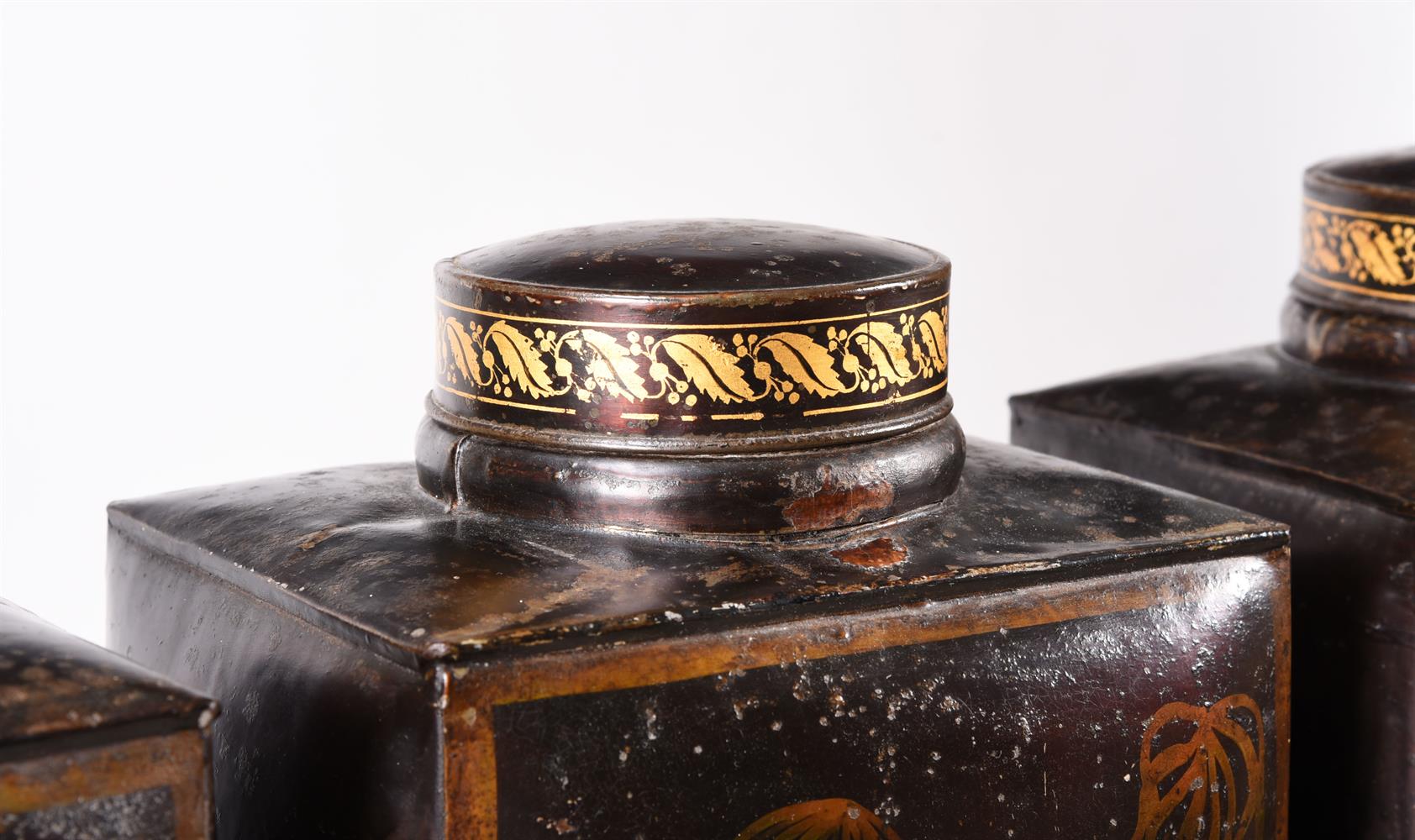 A SET OF SEVEN VICTORIAN TOLE PEINTE TEA CANNISTERS MID 19TH CENTURY Each with painted a Chinese f - Image 7 of 8