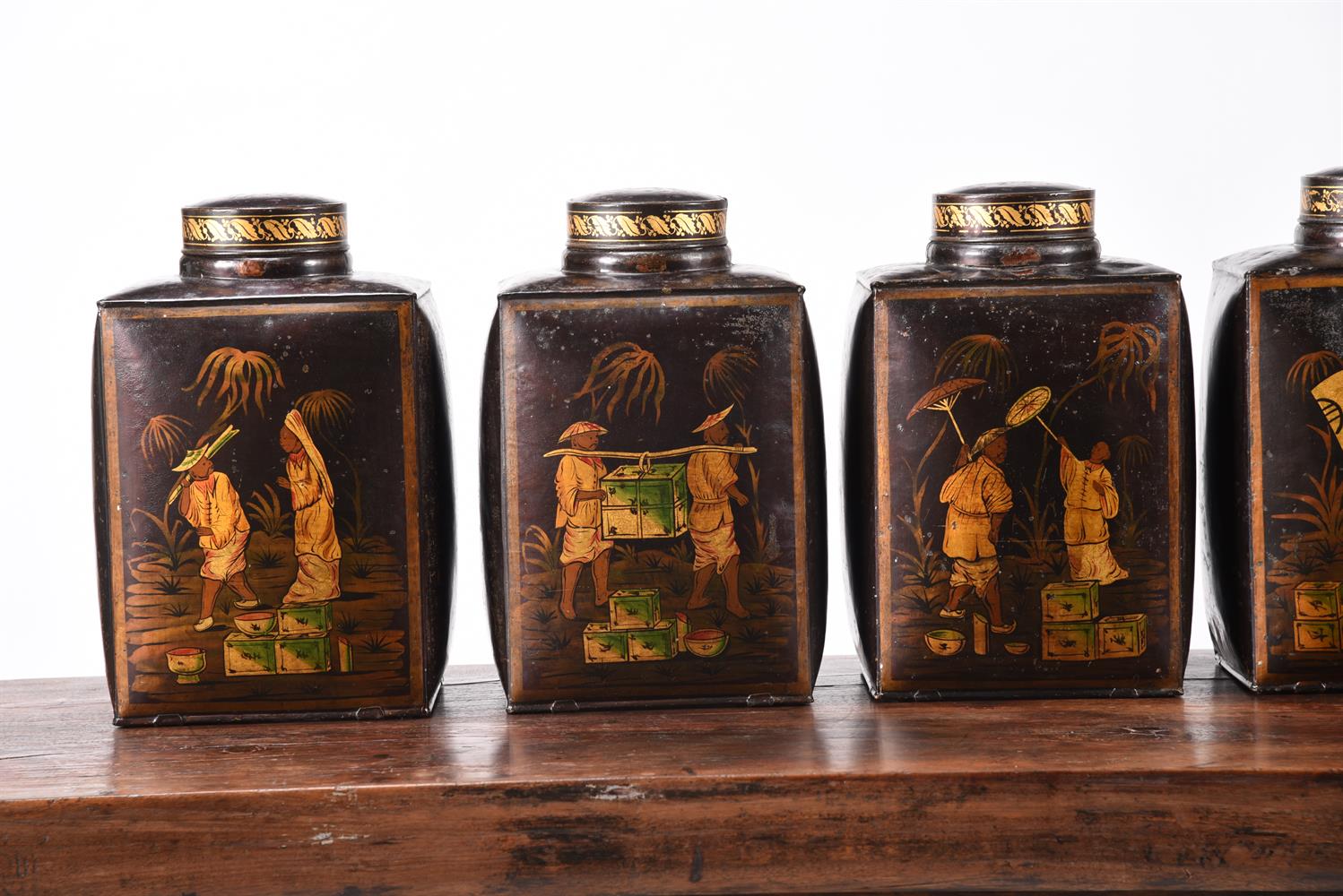 A SET OF SEVEN VICTORIAN TOLE PEINTE TEA CANNISTERS MID 19TH CENTURY Each with painted a Chinese f - Image 5 of 8