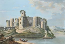 ENGLISH SCHOOL (CIRCA 1800), FIGURES BY A RUINED CASTLE, POSSIBLY WALES