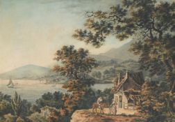 ENGLISH SCHOOL (C. 1800), COTTAGE LANDSCAPE WITH AN ESTUARY BEYOND