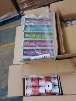 1 Pallet of Christmas decorations including Christmas deer and Various sized ribbon