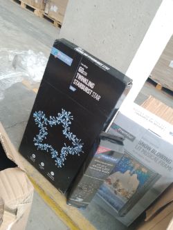 1 Pallet of Christmas decorations, including light up frames, tree star toppers, baubles & More