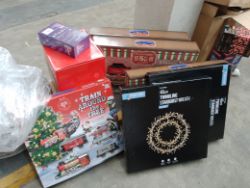 1 Pallet of New Christmas decorations, inc inflatable T-rex, over 15 Christmas trees & LED Lights