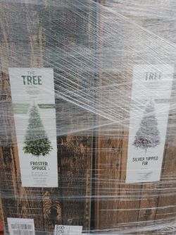 1 Pallet of Approx 8 Returned Christmas trees - various sizes, Tree lights and a gingerbread man