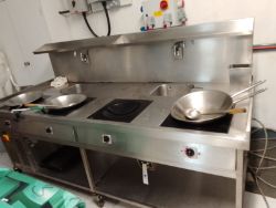 Induction Chinese wok cooker - 3 phase 4 wok pan range - 2 sinks approx. 2 metres long