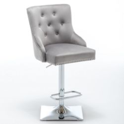 HIGH END LIGHT GREY BARSTOOL - VELVET FABRIC - SEAM DETAIL - BUTTON BACK INNER - BS-899LI/GR