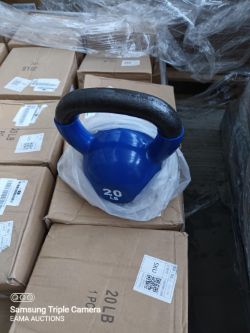 1 Pallet of approx. 50 blue kettlebells 20lb weights, 4 child's motorbikes & 3 fitness benches