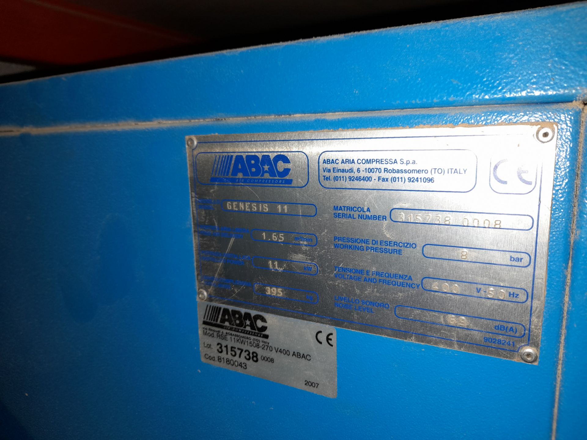 ABAC Genesis 11 receiver mounted compressor (Serial Number 315738 0008) - Image 3 of 4