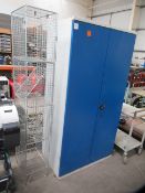 2 door metal storage cabinet along with sing 4 compartment wire locker