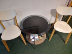 Glazed topped circular occasional table, and 2 x chairs