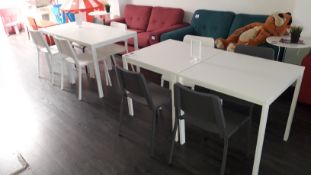 6 x Ikea Melltorp 20564 melamine tables and 12 Ikea Teodores stackable chairs