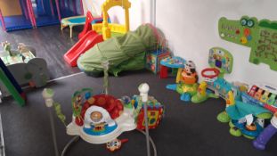 Assortment of Pre-School activity and education toys and tent and wall mounted Crocodile activity