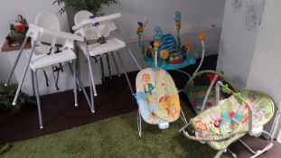 4 x Ikea Antilop Plastic High Chairs, 2 x Baby Bouncers, Baby mat and Activity Centre and Baby