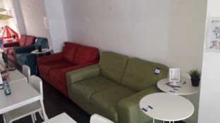 4 x DFS Fabric 2 seat sofas and 4 x Ikea Lindved aluminium circular side tables
