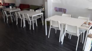 6 x Ikea Melltorp 20564 melamine tables and 12 Ikea Teodores stackable chairs