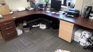 Office furniture to include 3 x cantilever corner desks, 1 x cantilever desk, 3 x 3 drawer