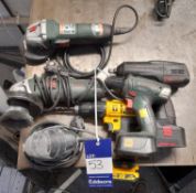 Assortment of electric hand tools to include 2 x Bosch PWS 700 115 grinders, Bosch PSR 18 LI-2 drill