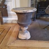 Garden statuary, an early Derbyshire gritstone campana shaped urn, found in the old dairy beneath