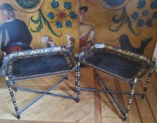 A black papier-mâché style metal tray topped table on foldable X-frame base; another (2)