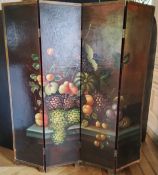 A hand painted four fold modesty screen, the vibrant oil painted still life observation of a harvest