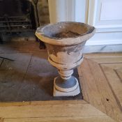 Garden statuary, an early Derbyshire gritstone campana shaped urn, found in the old dairy beneath