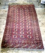 A turn of the century Afghan carpet, the central panels decorated with thirty-six elephant foot guls