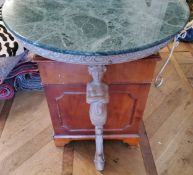 A 'limed oak' wall hanging console table, caryatid leg supporting a demi-lune green marble top 90