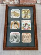 Advertising - a framed display of six cigar labels 48cm heigh x 31cm wide