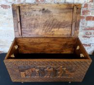 Tribal - Large hand carved chest with hinged lid, carvings to top and all sides Height 42.5cm x