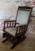 A Victorian American rocker, duck egg blue upholstery c.1900