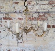 A brass and crystal candle 5 branch chandelier Height 45cm x dia 51cm, (total height with chain