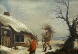 ENGLISH NAIVE SCHOOL FIGURES COLLECTING WOOD OUTSIDE A COTTAGE