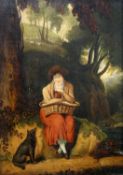 ENGLISH NAIVE SCHOOL (19TH CENTURY) LADY AND HER DOG IN A COUNTRY LANDSCAPE