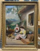 ENGLISH NAIVE SCHOOL (19TH CENTURY) MOTHER AND DAUGHTER FEEDING THEIR HENS