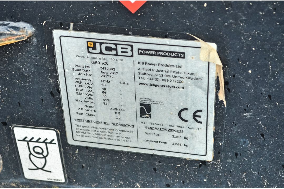 JCB G60 RS 60 kva diesel driven generator Year: 2017 S/N: 2482062 Recorded Hours: 20699 - Image 11 of 11