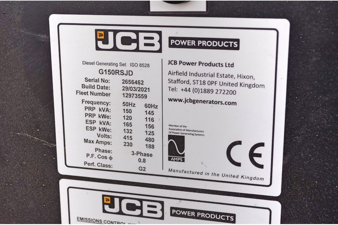 JCB G150 RS 150 kva diesel driven generator Year: 2021 S/N: 2656462 Recorded Hours: 221 E301 - Image 10 of 10